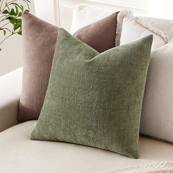 MIULEE Pack of 2 Decorative Throw Pillow Covers Soft Chenille Christmas Throw Pillows Solid Textured Cushion Covers for Spring Couch Sofa Bedroom Living Room 18x18 Inch, Olive Green