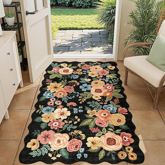 DUKINO 3x5 Area Rug, Floral Non-Slip Indoor Washable Rug with Low Pile & Non-Shedding, Lightwight Boho Design Carpet for Entryway, Bedroom, Kids Room, Living Room, Kitchen, Black
