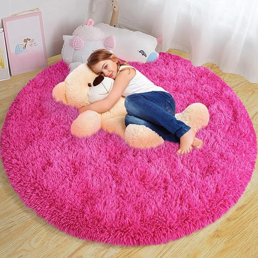 Round Fluffy Rugs 4Ft for Girls Bedroom, Hot Pink Shag Circle Kids Rug Non-Slip for Bedside Dorm Nursery Playroom, Soft Cute Area Rugs for Living Room Decor