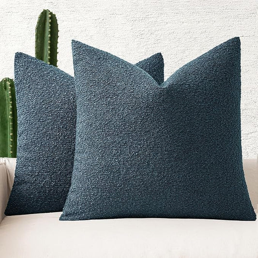 MIULEE 24x24 Decorative Euro Sham Throw Pillows for Bed Set of 2 Textured Boucle Neutral Winter Throw Pillow Covers Dark Blue Accent Solid Couch Pillowcases Sofa Livingroom Home Decor