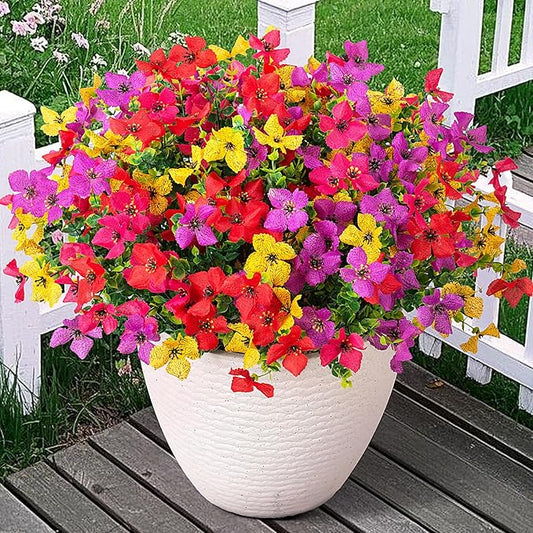 Artificial Faux Plants Flowers Outdoor Spring Summer Decoration, 12 Bundles Fake Silk Colorful Daisy Eucalyptus Realistic UV Resistant for Outside Home Planter Porch Yard Decor (Mix)
