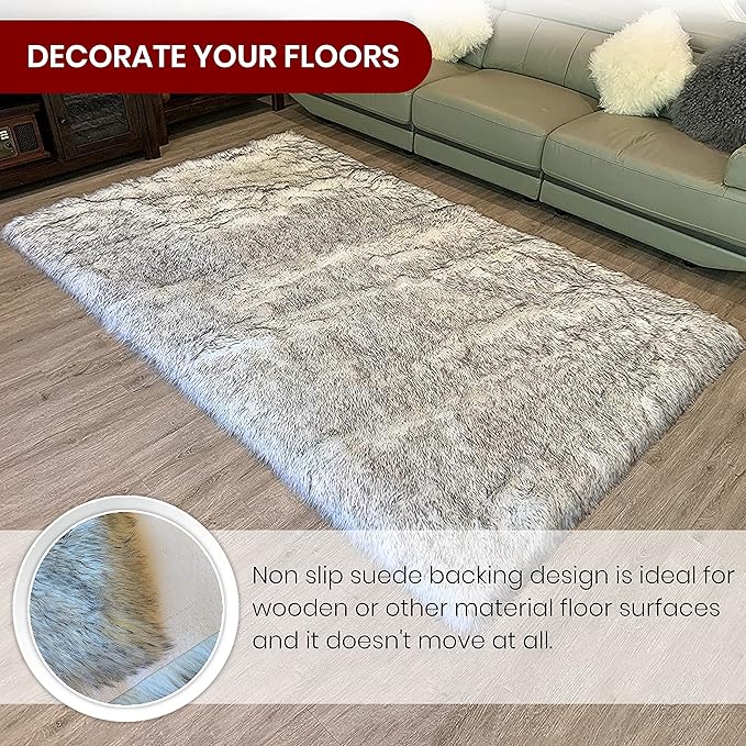 LAMBZY High Pile Super Fluffy Soft Faux Sheepskin Rug | Faux Sheepskin Rugs for Living Room Playroom Bedroom | Classic Super Soft to Touch Rug (9'x12', White/Black Tips)
