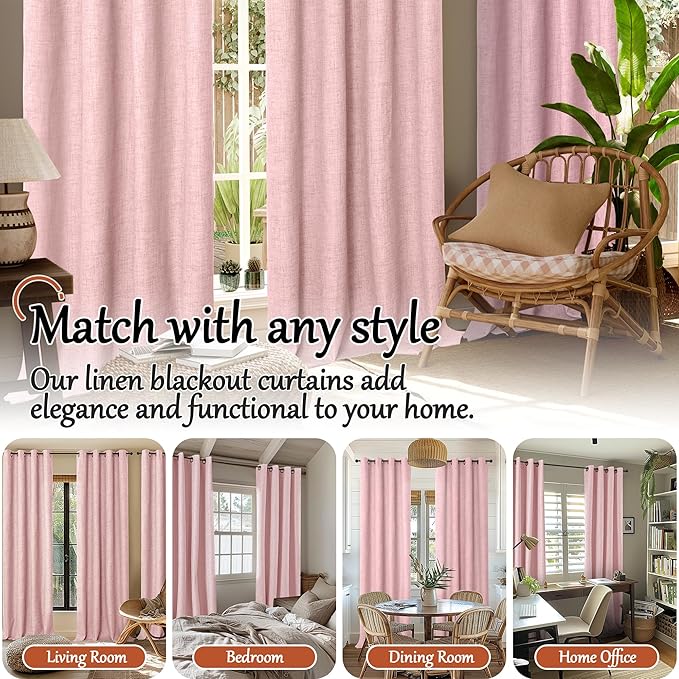 Lajode Baby Pink Linen Blackout Curtains for Nursery 40 Inch Length 2 Panels, Short Thermal Insulated Boho Total Black Out Noise Reducing Small Window Curtains for Girls Bedroom, Each 38 Inch Wide