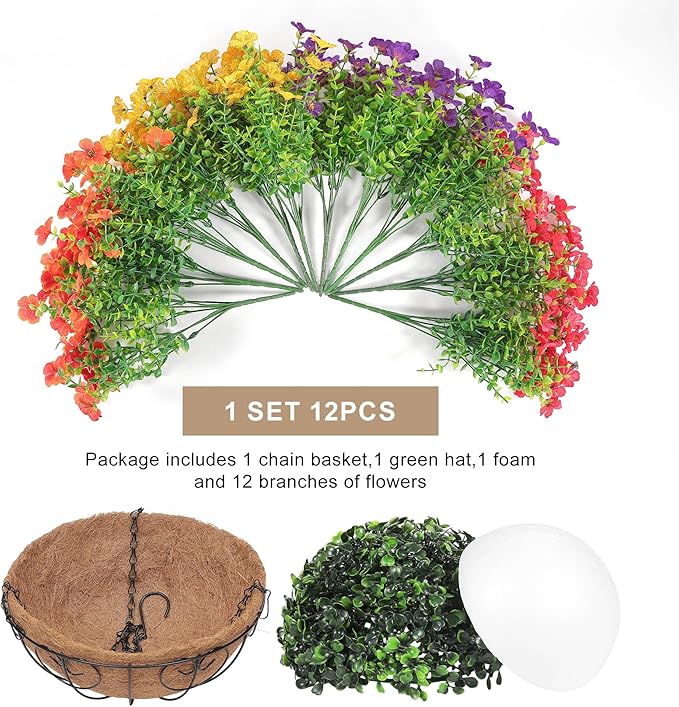 2 Set Artificial Faux Hanging Flowers Plants Basket for Outdoors Outside Spring Summer Decoration,2 Hanging Planters 24pcs Silk Fake Flowers UV Resistant Porch Patio Front Garden Home (4 Multicolor)