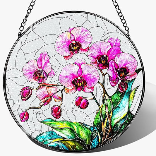 8-Inch Stained Glass Ornament, Stained Glass Window Hanging, Window Hanging Decor Suncatcher, Orchid Flower Ornament | Christmas, Mother's Day, Birthday | Gifts for Mom & Grandma, Flower Lover Gift