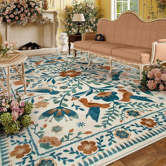 Moynesa Area Rugs 9x12 Retro Home Decor, Modern Bohemian Farmhouse Floral Bird Print Pattern Medallion Carpet for Large Living Room Bedroom Dining Room,Floor Protection Non-Slip Washable