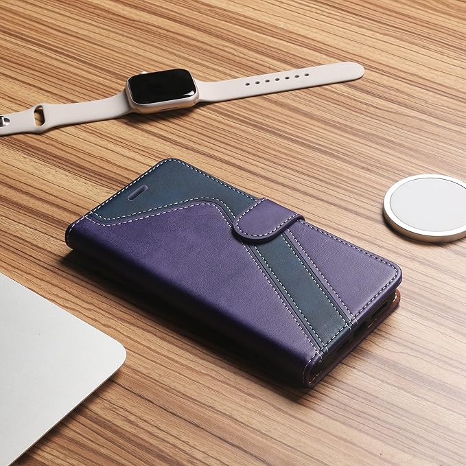 CIVICASE for iPhone 14 Plus Wallet Case,Leather Flip Case [RFID Blocking] Credit Card Holder Folio Magnetic Stand TPU Shockproof Cover Color Matching for iPhone 14 Plus (6.7") Purple Blue