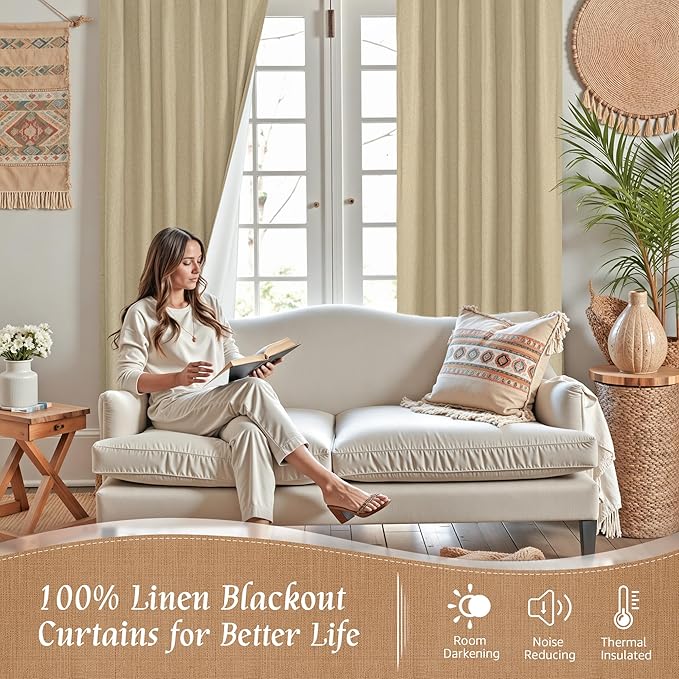 LAMIT 40 Inch Length 100% Blackout Linen Curtains, Linen Textured Thermal Curtains Back Tab and Rod Pocket Neutral Panels with White Liner for Kitchen/Windows/Cafe, 2 Panels, 42 x 40 Inch, Burlap