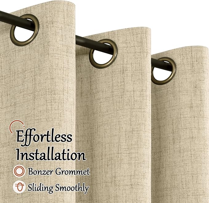 Lajode 100% Blackout Curtains for Living Room/Bedroom 84 Inch Length 2 Panels Set, Thermal Insulated Bronze Grommet Boho Light Blocking Faux Linen Window Drapes White Liner, Each 52" Wide, Burlap