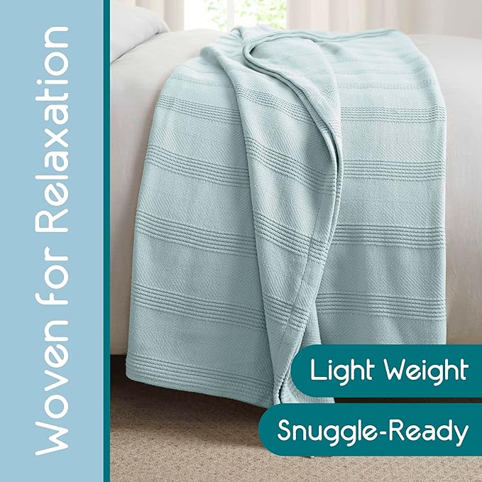 King Size 100% Cotton Blanket | Super Soft Breathable Lightweight Throw | All-Season Knit Blanket | Luxury Hotel Style | Easy Care | Oeko-Tex Certified | Light Blue