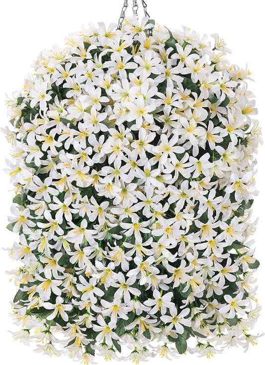 Artificial Flowers Plants for Outdoor with Basket, 4PCS Silk Hanging Faux Flowers Long Trailing Vines for Outside Home Porch Patio Decoration, White