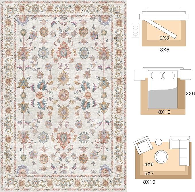 Tangsoo Washable Area Rug, 4x6 Pottery Barn Neutral Floral Rugs for Bedroom Living Room, Vintage Boho Non Slip Low Pile Beige Carpet for Farmhouse Nursery Office Laundry, Pet & Child Friendly