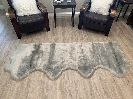 LAMBZY Faux Sheepskin Super Soft Hypoallergenic Silky Shag Rug for Living Room, Kids Room, Sofa (Quarto 4 Pelts Side by Side 3'x8', Grey)