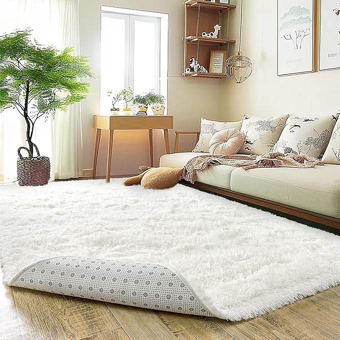 Super Fluffy Rug for Bedroom, 4x6 Shag Fuzzy Area Rug for Living Room Bedroom, Plush Soft Carpet for Girls Boys Kids, Non Slip Throw Rugs for Dorm, Modern Home Decor Aesthetic, Cream White