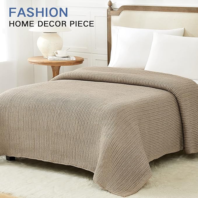 Guohaoi Knitted Weighted Blanket for Adults (Beige 48"x72" 12lbs) No Beads Cooling Throw Blanket for Hot Sleepers, Home Decor Breathable Chunky Knit Heavy Blanket Use on Full Size Bed