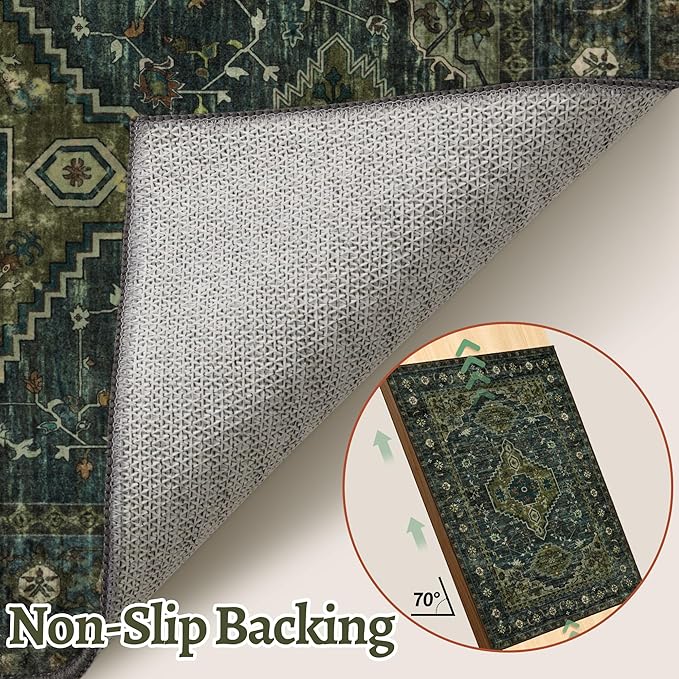 Tangsoo 2x5 Washable Runner Rug for Hallways, Non Slip Vintage Runner Rug, Soft Low Pile Long Rug Runner, Print Distressed Carpet Runners for Kitchen Bedroom Entryway Bathroom Living Room Olive Green