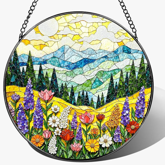 8-Inch Stained Glass Ornament, Stained Glass Window Hanging, Window Hanging Decor Suncatcher, Mountain Wildflower Ornament | Christmas, Mother’s Day, Birthday | Nature Art Gift, Gifts for Mom, Grandma
