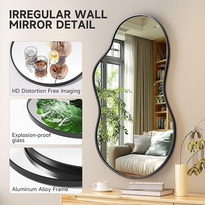 Hasipu Irregular Wall Mirror - 35"x24" Asymmetrical Mirror, Modern Decorative Mirrors for Living Room, Entryway, Hallway, Bathroom, Bedroom,Wall Mounted Home Decor (Black)