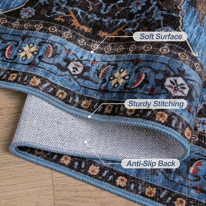 Tangsoo Blue 2x6 Washable Runner Rug for Hallways, Non Slip Oriental Runner Rug, Vintage Soft Low Pile Long Rug Runner, Carpet Runners for Kitchen Bedroom Entryway Bathroom Living Room Blue/Black