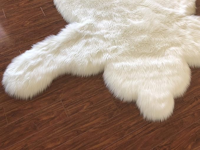 LAMBZY Faux Sheepskin Hypoallergenic,Super Soft Faux Bear Skin Silky Shag Rug (4'x6', White)