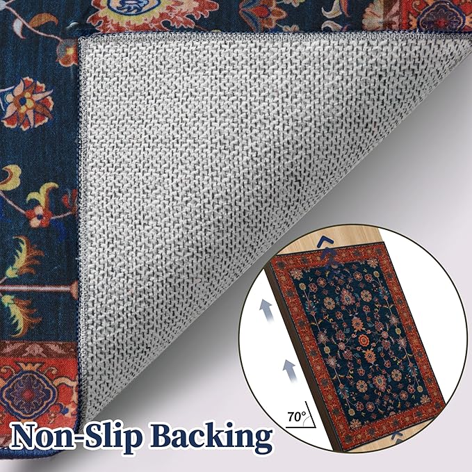 Tangsoo Washable Runner Rug for Hallway Non Slip, 2x6 Boho Floral Vintage Carpet Runner Rugs for Entryway, Floor Low Pile Runners for Kitchen Bathroom Laundry Bedroom Alfombra Red Blue Farmhouse