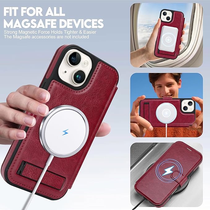 CIVICASE for iPhone 13/iPhone 14 Wallet Case with Stand,PU Leather Flip Credit Card Holder Slots (RFID Blocking),Compatible with Magsafe Magnetic Holder Phone Cover Women Men,Wine Red