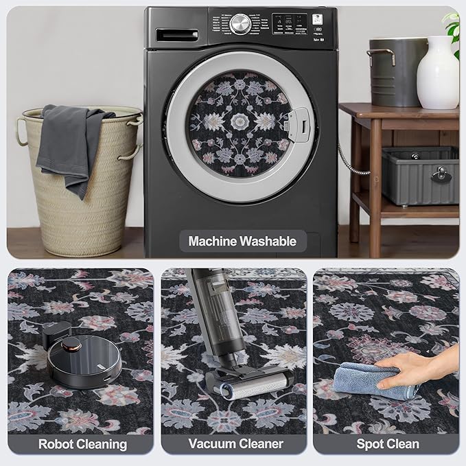 Tangsoo Washable Runner Rug for Hallway Non Slip, 2x6 Boho Floral Vintage Carpet Runner Rugs for Entryway, Floor Low Pile Runners for Kitchen Bathroom Laundry Bedroom Alfombra Black Red Farmhouse