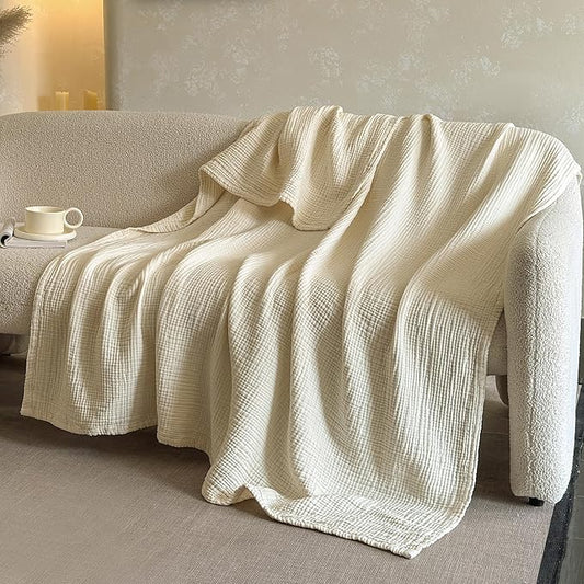 FALUCA Cotton Muslin Reversible Blanket King Size for Bed, Couch, Four Layers Blanket, Soft Lightweight Cozy Breathable Farmhouse Decoration for All-Season, Beige