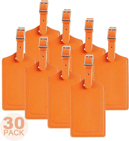 Travelambo 30 Pack Luggage Tags Faux Leather for Suitcases Travel Bag Labels with Protection Cover ID (Orange)