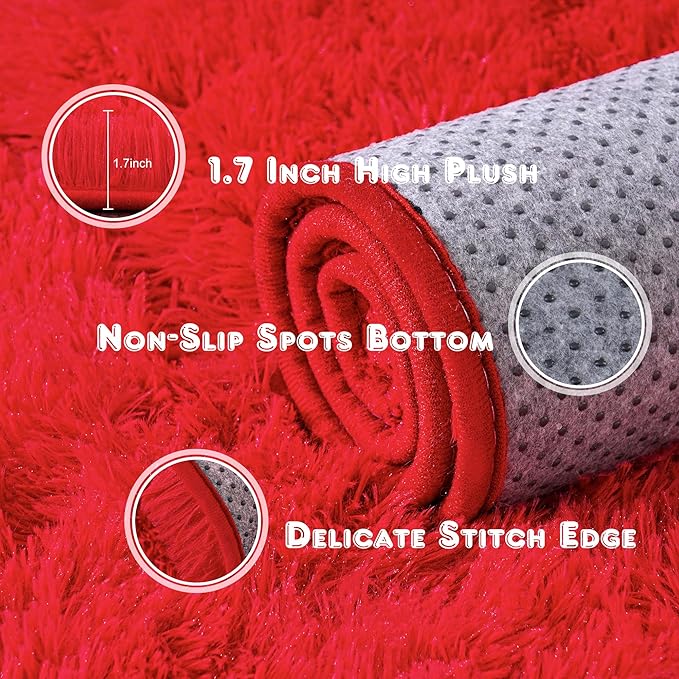 Large 9x12 Area Rugs for Living Room, Soft Shag Thick Fluffy Rug for Bedroom, Non Slip Plush Fuzzy Carpet for Girls Boys Kids Dorm Rug for Home Decor Aesthetic, Red