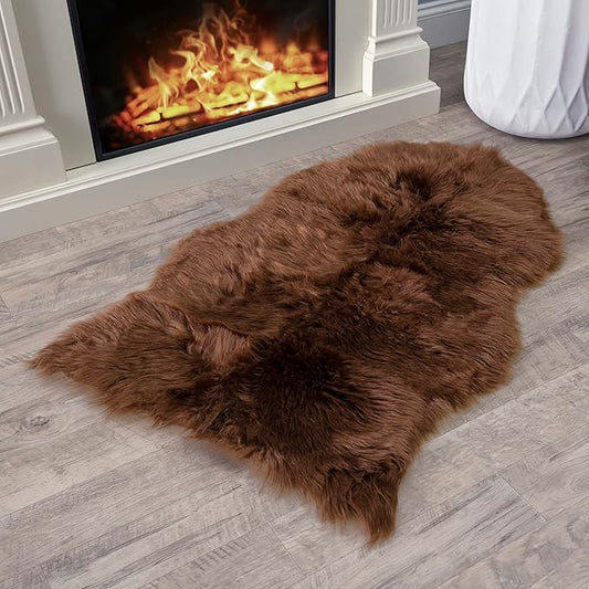 Silky Soft Faux Fur Rug, 2 ft. x 3 ft. Brown Fluffy and Shaggy Sheepskin Carpet for Living Rooms, Bedroom, Kid's Room, or Nursery, Home Décor Accent, Machine Washable with Non-Slip Backing