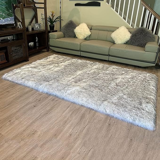 LAMBZY High Pile Super Fluffy Soft Faux Sheepskin Rug | Faux Sheepskin Rugs for Living Room Playroom Bedroom | Classic Super Soft to Touch Rug (9'x12', White/Black Tips)