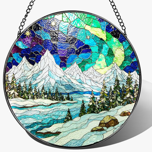 8-Inch Stained Glass Ornament, Stained Glass Window Hanging, Window Hanging Decor Suncatcher, Mountain Landscape Ornament | Holiday, Mother’s Day, Birthday | Gifts for Nature Lovers, Friend & Family