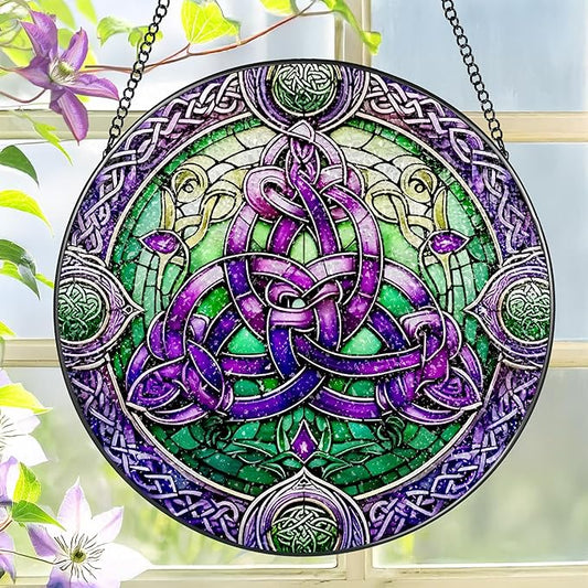 Stained Glass Window Hanging, LAOWEIKI 8'' Celtic Knot Suncatcher, Stained Glass Ornament, Suncatchers for Windows Hanging, Window Decor, Outdoor or Indoor, Gifts for Friends, Women, Art Lover