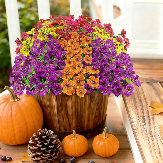 Artificial Fall Flowers for Outdoors, UV Resistant Fake Silk Flowers No Maintenance for Outside,Faux Mums Eucalyptus Plants for Porch Patio Garden Planter Box Home Autumn Outdoor Decor(10pcs)