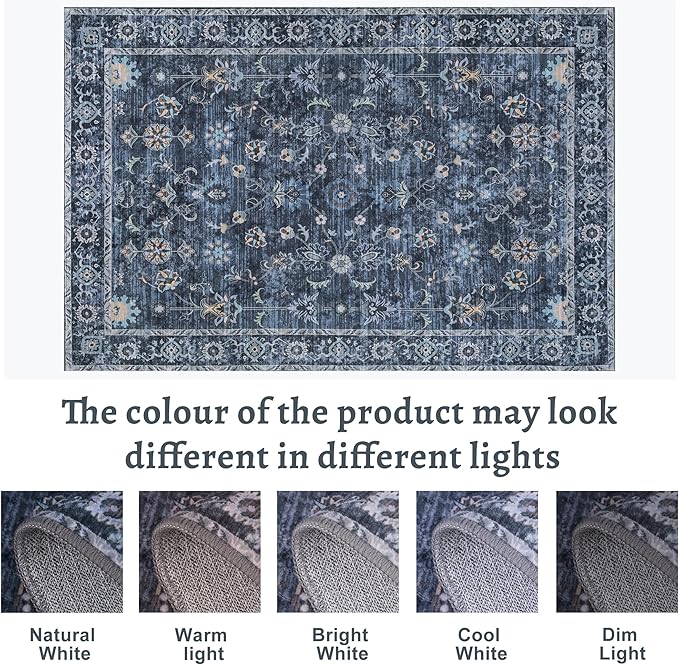 Tangsoo 5x7 Blue Area Rug for Bedroom Living Room, Washable Vintage Floral Rug Non Slip, Low Pile Stain Resistance Distressed Retro Indoor Boho Carpet for Laundry Farmhouse Dinning Room Mat Home Decor