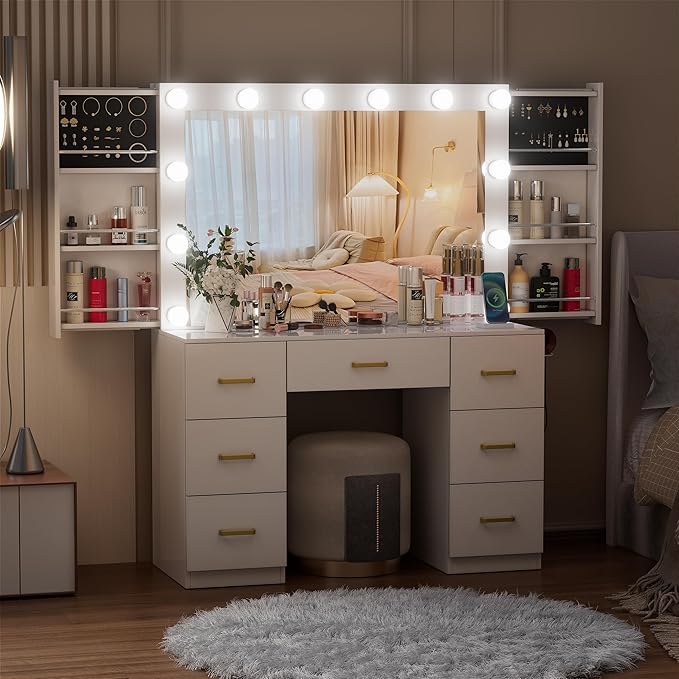 White Makeup Vanity Desk with Lighted Mirror & Power Outlet,3 Color Modes, Brightness Adjustable,Vanity Table with Drawer,Sliding 2 Storage Wall-Mounted Jewelry,4 Shelves for Bedroom