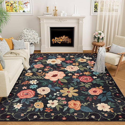 DUKINO 8x10 Area Rug, Floral Rugs for Living Room, Lightweight Non Slip Washable Rug, Indoor Low Pile & Non-Shedding Boho Design Rugs for Bedroom, Living Room, Dining Room, Black