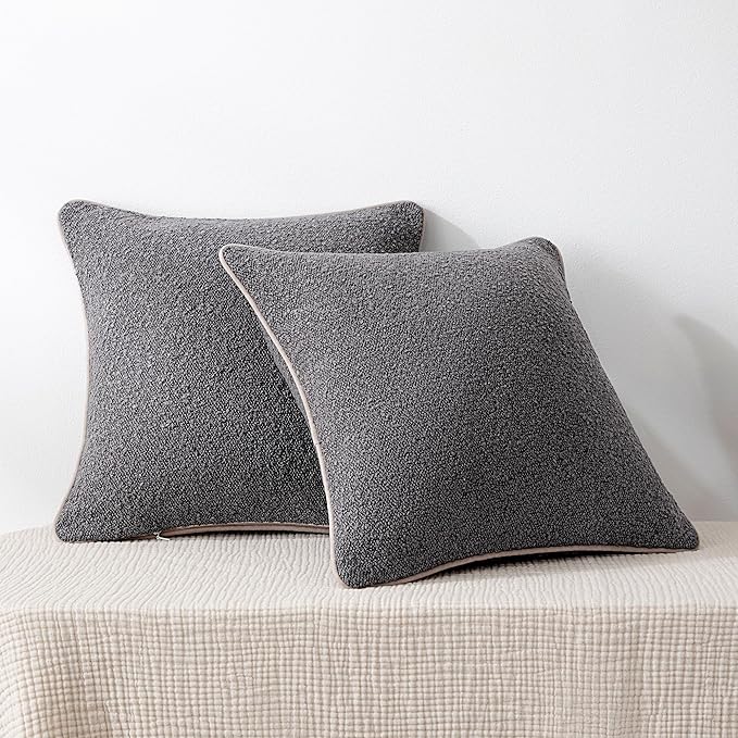 Amazon Basics Boucle Throw Pillow Covers for Couch, Living Room, Home Decor with Hidden Zipper, Grey, 26×26in, Pack of 2