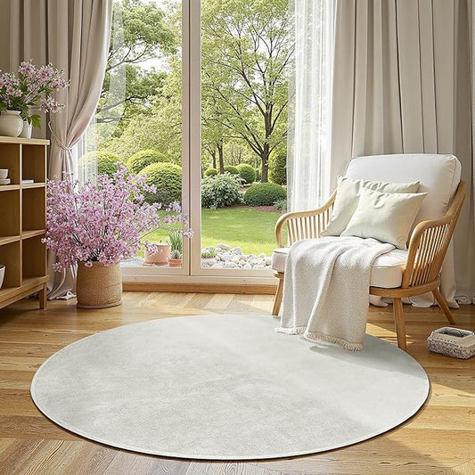 jinchan Solid Plush Round Rug 5ft Performance Shaggy Circle Rug 5' Round Washable Indoor Soft Modern Faux Wool Non Slip Carpet for Living Room Kids Room Bedroom Dining Room Ivory