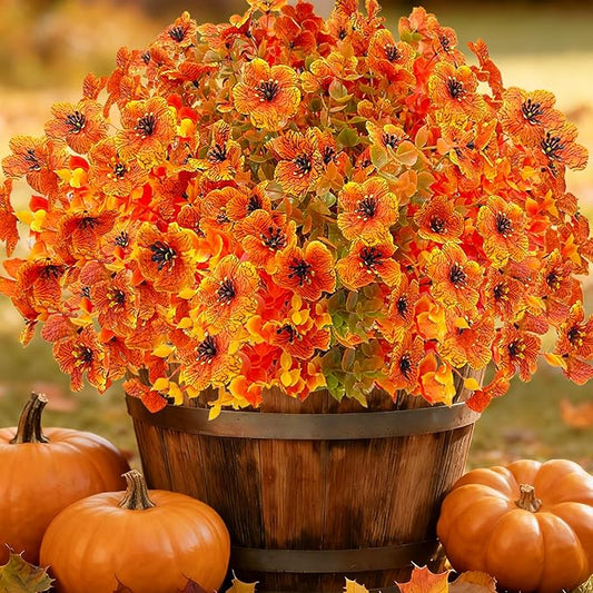 Artificial Fall Flowers for Outdoors,Faux Silk Flowers Fall Decorations,Fake Mums Eucalyptus Plants Christmas Halloween Decor for Outdoor Patio,Window Planter Autumn Fall Decor(10PCS,Orange)