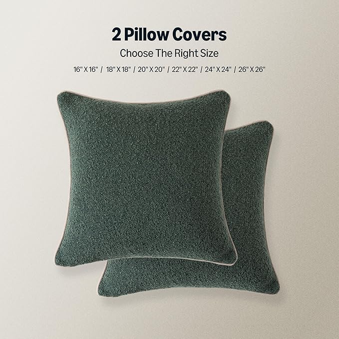 Amazon Basics Boucle Throw Pillow Covers for Couch, Living Room, Home Decor with Hidden Zipper, Green, 20×20in, Pack of 2