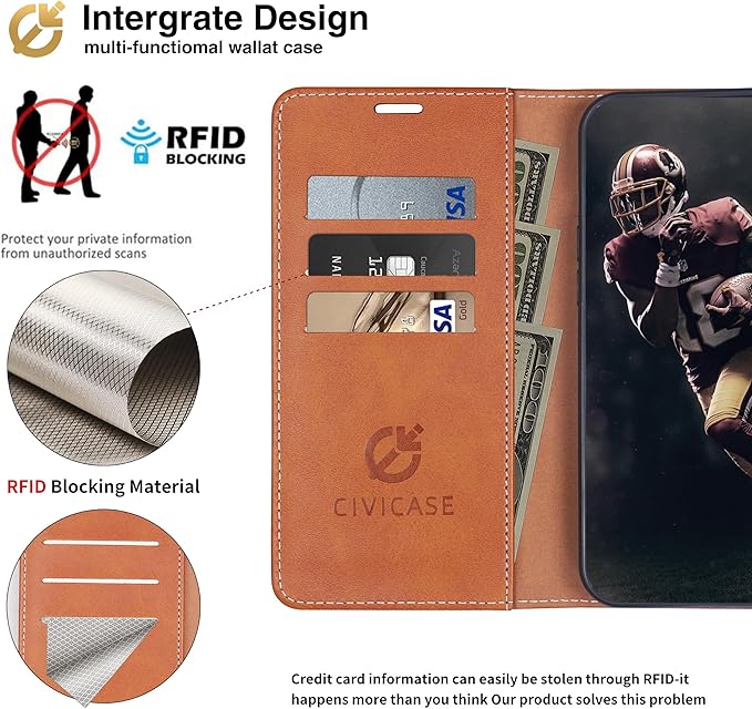 CIVICASE for iPhone 15 Pro Wallet Case,Leather Flip Case RFID Blocking Credit Card Holder Folio Magnetic Stand TPU Shockproof Cover Compatible with iPhone 15 Pro Brown