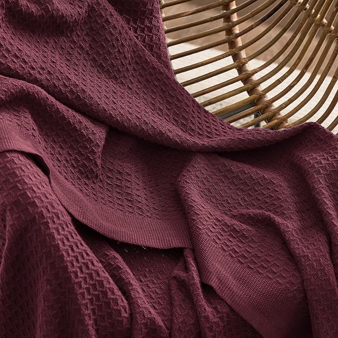 Bedsure Gentlesoft 100% Cotton Blanket Queen Size for Bed - Breathable and Soft, Thick Cozy Waffle Weave Christmas Blanket Gift for Women, Burgundy, 90x90 Inches