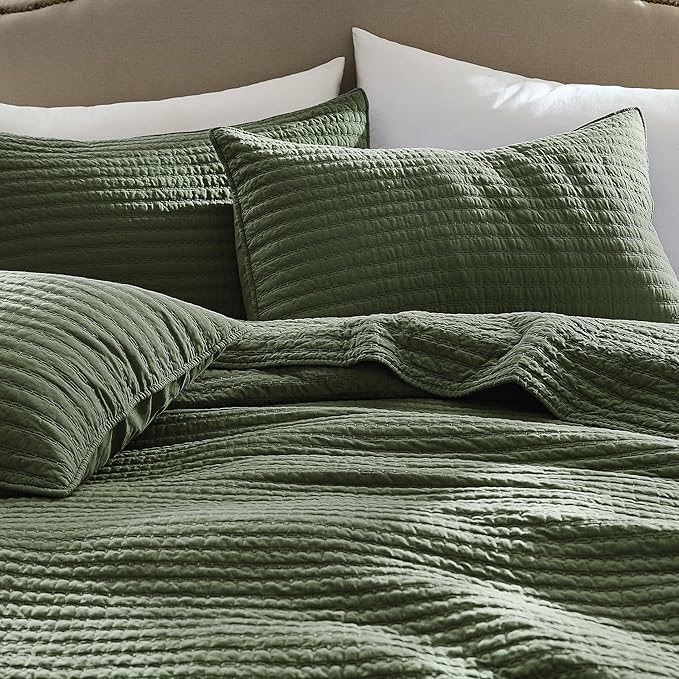 WDCOZY 100% Cotton King Size Quilt Set - Olive Green Striped Pick Stitch Soft Lightweight Bedspread, Textured Like Linen, Farmhouse Country Rustic Coverlet, Shabby Chic Gauze Bedding, 3 Pieces