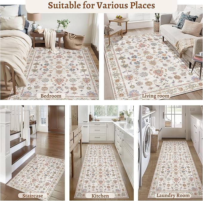 Tangsoo Washable Area Rug, 3x5 Pottery Barn Neutral Floral Rugs for Bedroom Living Room, Vintage Boho Non Slip Low Pile Beige Carpet for Farmhouse Nursery Office Laundry, Pet & Child Friendly