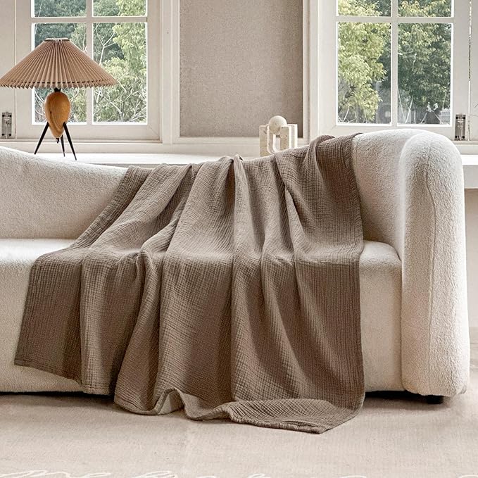 FALUCA Cotton Muslin Reversible Blanket Twin Size for Bed, Couch, Four Layers Blanket, Soft Lightweight Cozy Breathable Farmhouse Decoration for All-Season, Brown