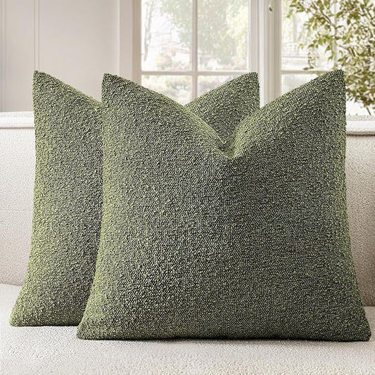 Woaboy Pack of 2 20x20 Inch Decorative Boucle Throw Pillow Covers Textured Square Pillowcaes Accent Solid Cozy Soft Cushion Covers Home Decor for Sofa Couch Living Room Home Decor,Olive Green