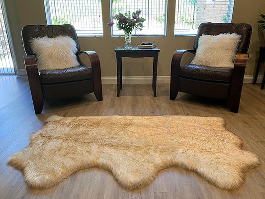 LAMBZY Faux Sheepskin Super Soft Hypoallergenic Silky Shag Rug for Living Room, Kids Room, Sofa (Triple Side by Side 3'x6', White/Brown Tips)
