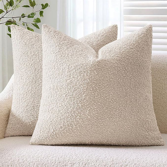 ANRODUO Pack of 2 Textured Boucle Throw Pillow Covers Soft Beige Decorative Accent Solid Pillow Cases Cozy Modern Couch Cushion Case for Chair Sofa Bedroom Living Room Spring Home Decor, 20 x 20 Inch